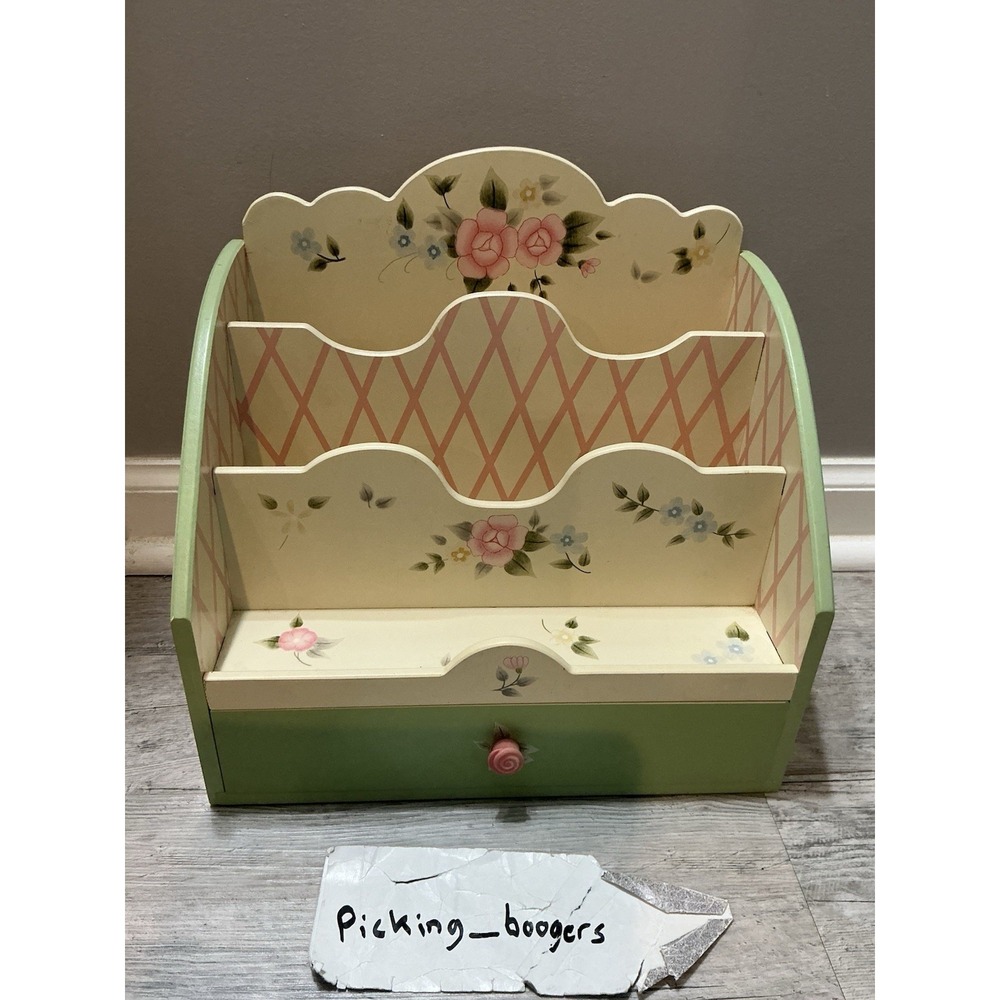 PFALTZGRAFF TEA ROSE KITCHEN DESK LETTER BILL WOOD ORGANIZER COLLECTOR ITEM - Picture 2 of 16